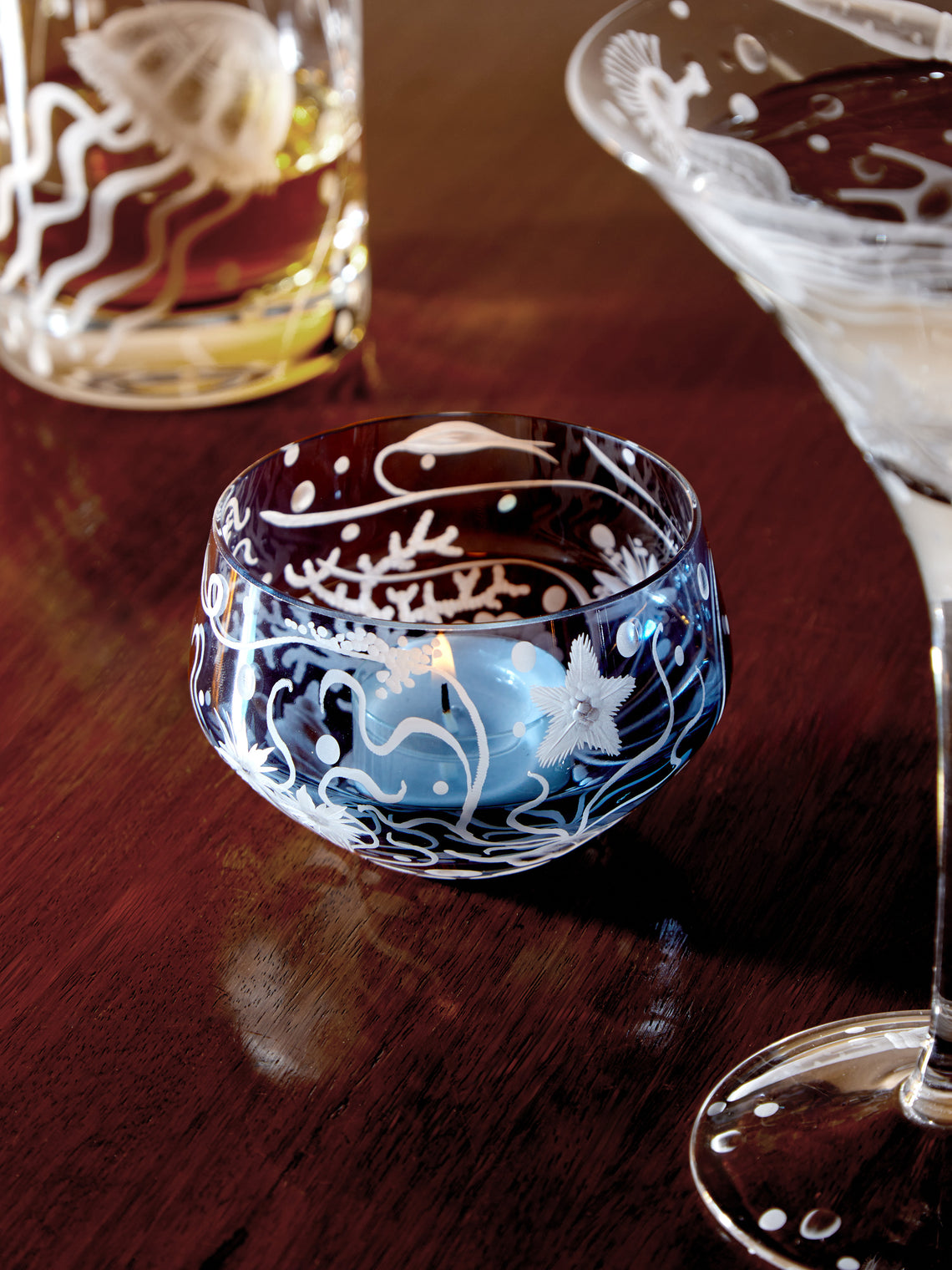 Artel - Atlantis Hand-Engraved Crystal Tealight Holder - Blue - ABASK