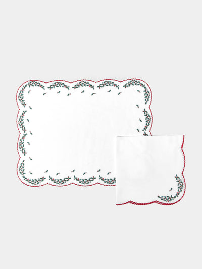 Loretta Caponi - Holly Hand-Embroidered Linen Placemats and Napkins (Set of 2) -  - ABASK - 