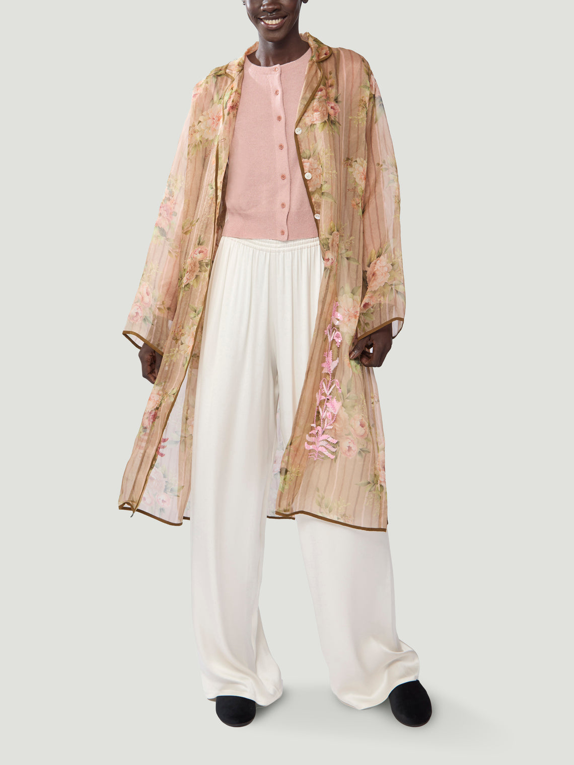 Nazzy Beglari - Organza Embroidered Silk Robe - Brown - ABASK