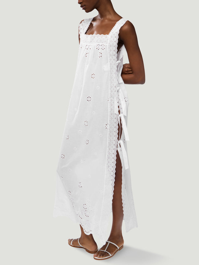 Loretta Caponi - Fiocco Embroidered Cotton Long Dress - White - ABASK