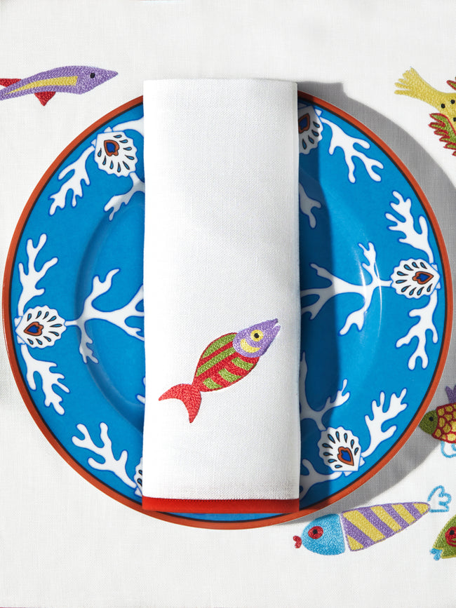 Loretta Caponi - Mendini Fish Hand-Embroidered Linen Napkins (Set of 6) -  - ABASK