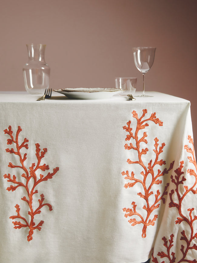 Loretta Caponi - Coral Hand-Embroidered Linen Rectangular Tablecloth -  - ABASK