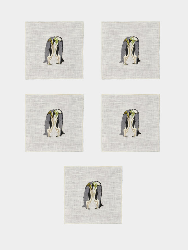 La Gallina Matta - Penguins Embroidered Linen Cocktail Napkins (Set of 5) -  - ABASK - 