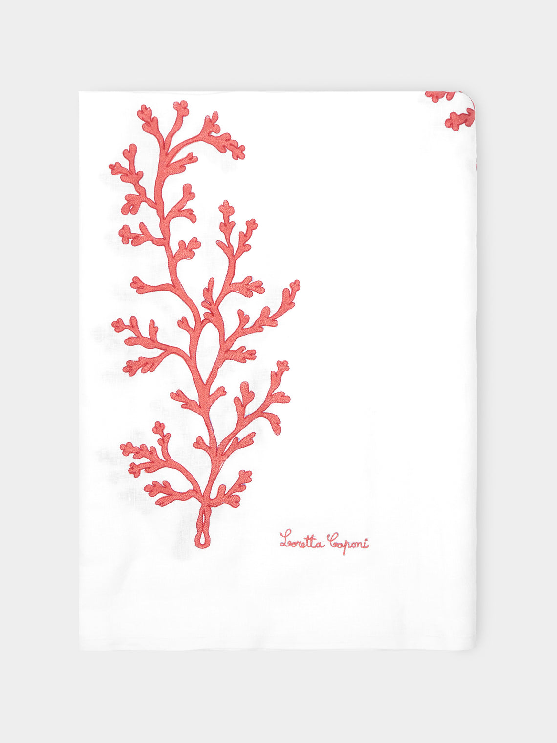 Loretta Caponi - Coral Hand-Embroidered Linen Rectangular Tablecloth -  - ABASK