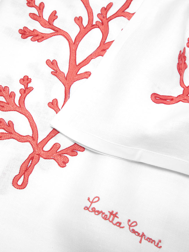 Loretta Caponi - Coral Hand-Embroidered Linen Rectangular Tablecloth -  - ABASK