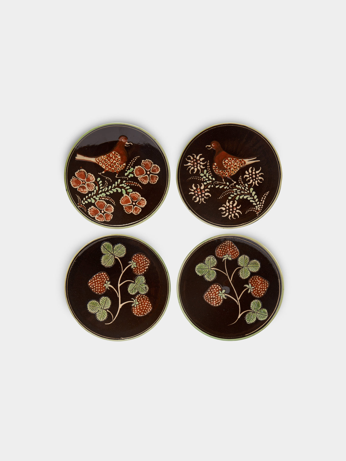 Poterie d’Évires - Birds and Berries Hand-Painted Ceramic Dessert Plates (Set of 4) -  - ABASK - 
