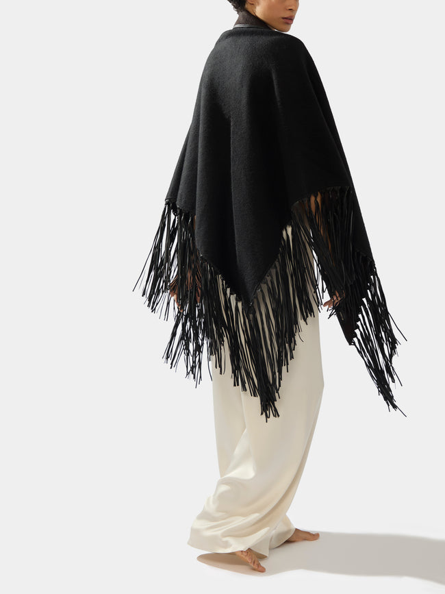 Double-Faced Cashmere Long Shawl with Leather Fringing | One Size