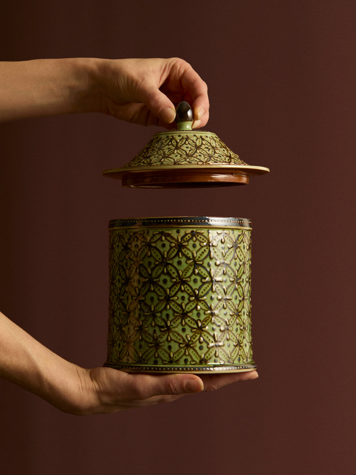 Poterie d’Évires - Geometric Hand-Painted Ceramic Medium Lidded Pot -  - ABASK