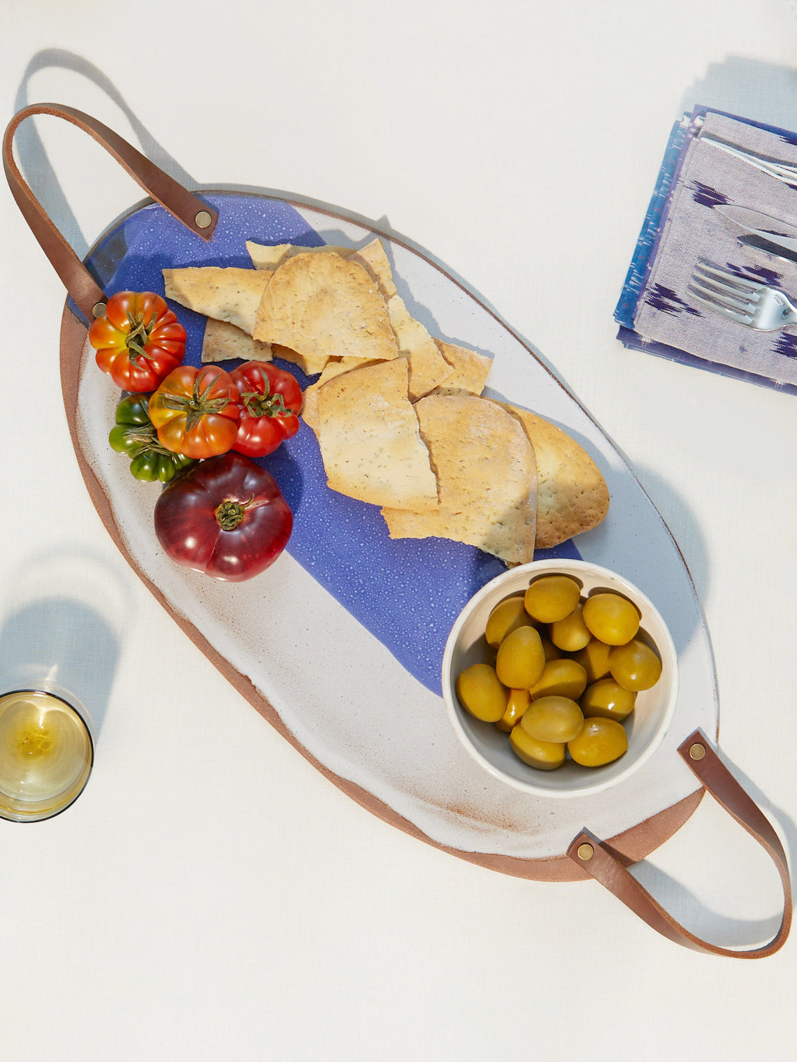 Silvia K Ceramics - Hand-Glazed Terracotta Large Platter with Leather Handles - Blue - ABASK