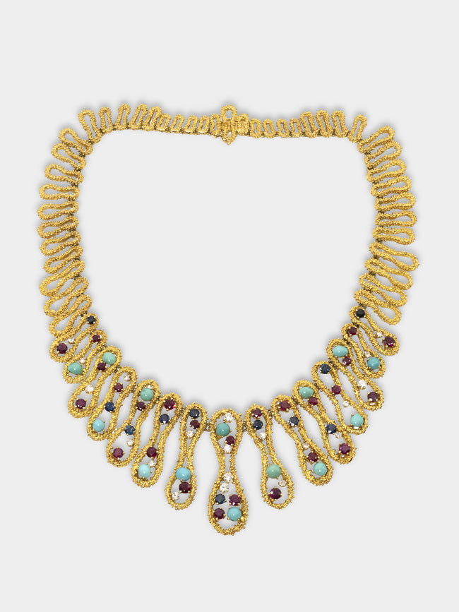 Mahnaz - 1970 18-Karat Yellow Gold, Diamond, Turquoise, Ruby and Sapphire Necklace -  - ABASK - 