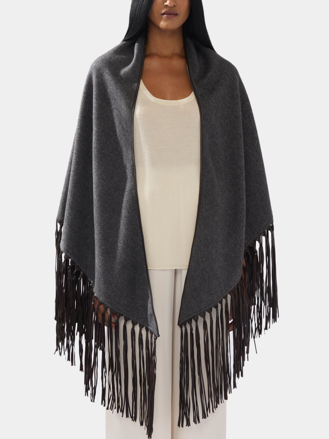 Alonpi - Double-Faced Cashmere Long Shawl with Leather Fringing | One Size -  - ABASK