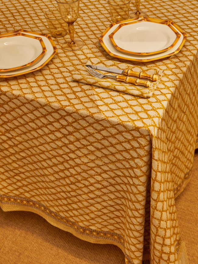 Chamois - Cypress Block-Printed Linen Large Rectangular Tablecloth -  - ABASK