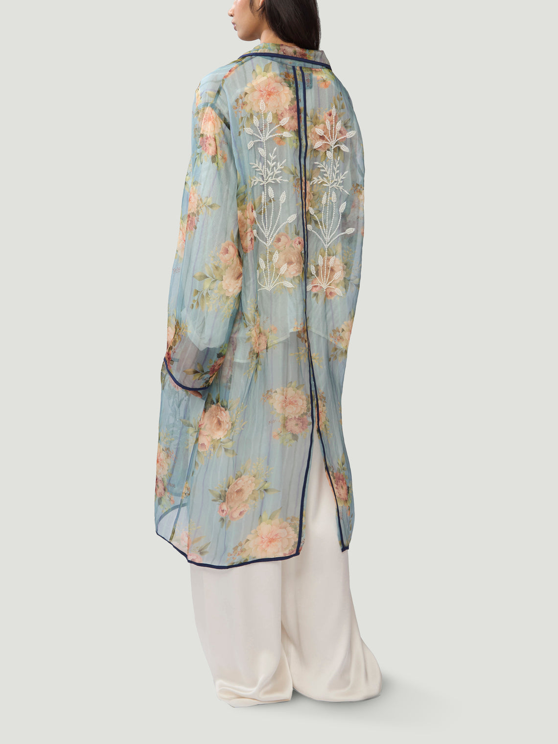 Nazzy Beglari - Organza Embroidered Silk Robe - Blue - ABASK