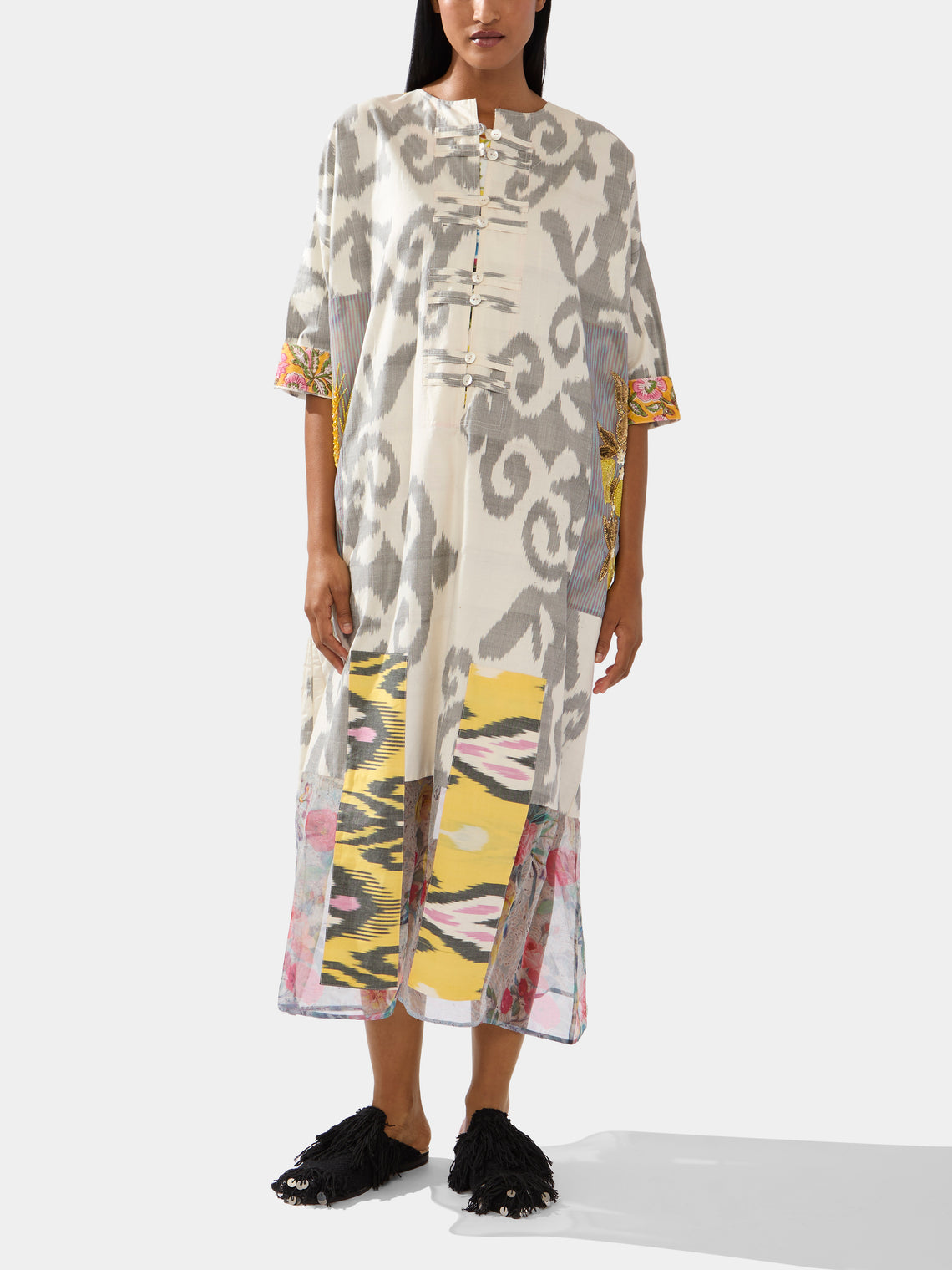 Nazzy Beglari - Hand-Loomed Ikat Silk and Cotton Kaftan Dress  | One Size -  - ABASK