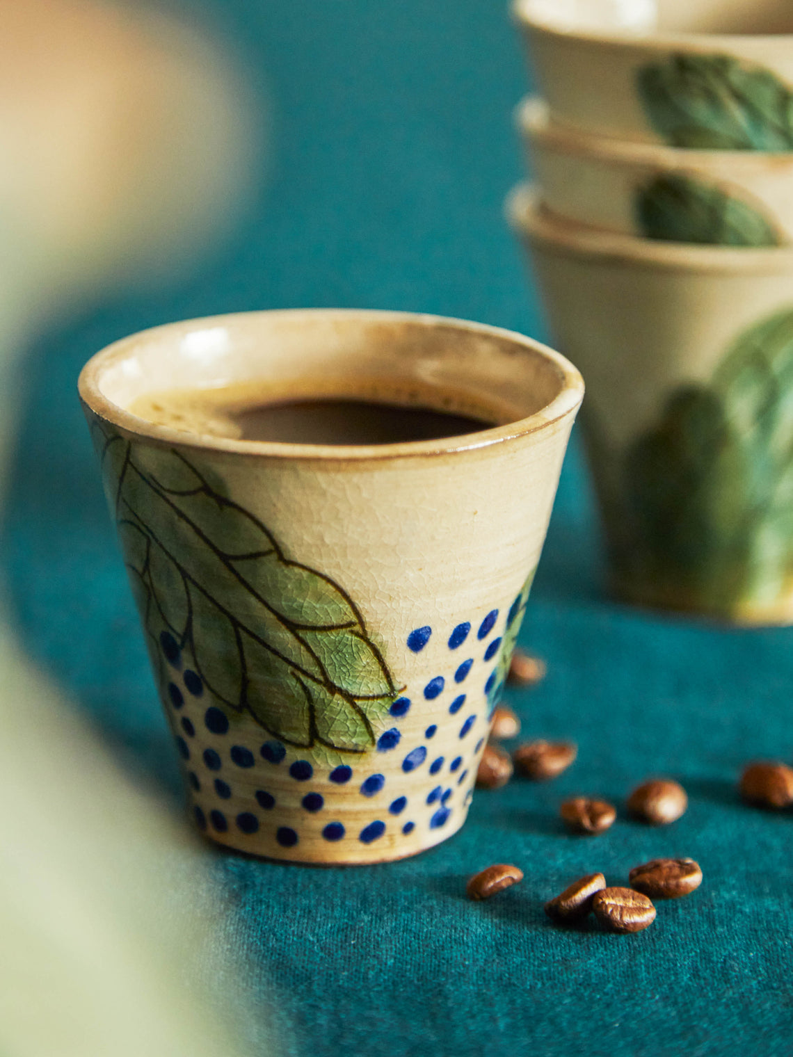 Anut - Leaves Hand-Painted Ceramic Espresso Cups (Set of 4) -  - ABASK