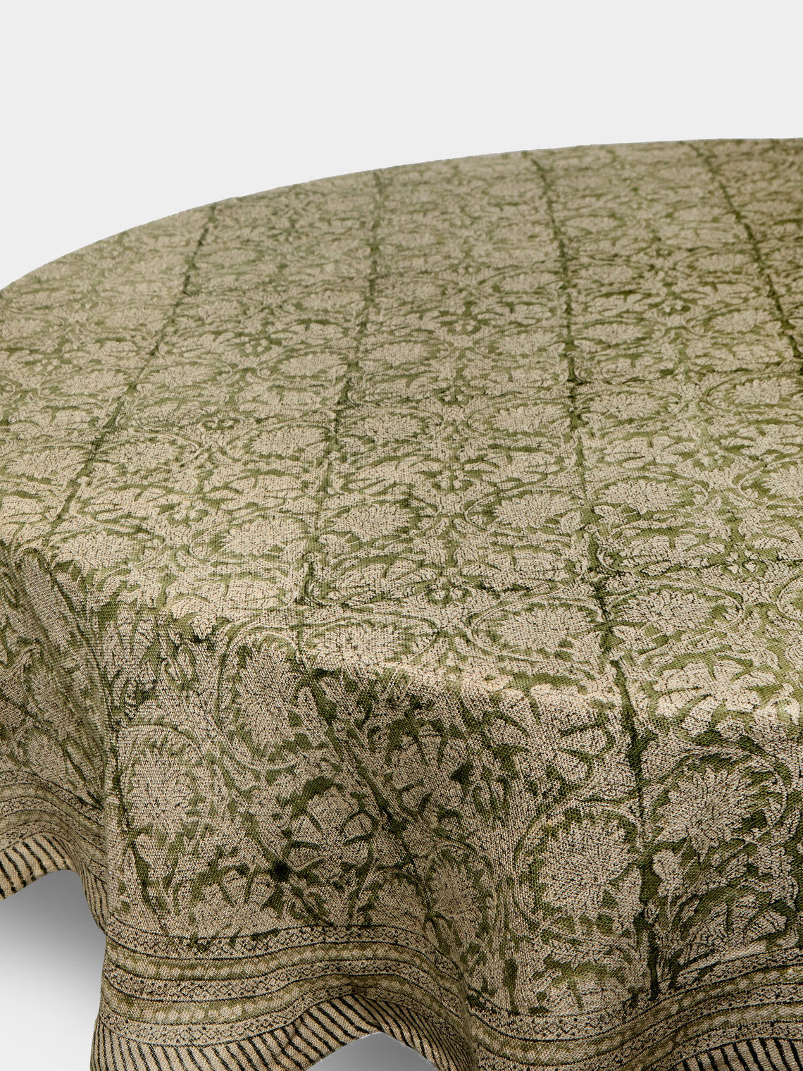 Chamois - Big Paisley Block-Printed Linen Round Tablecloth -  - ABASK