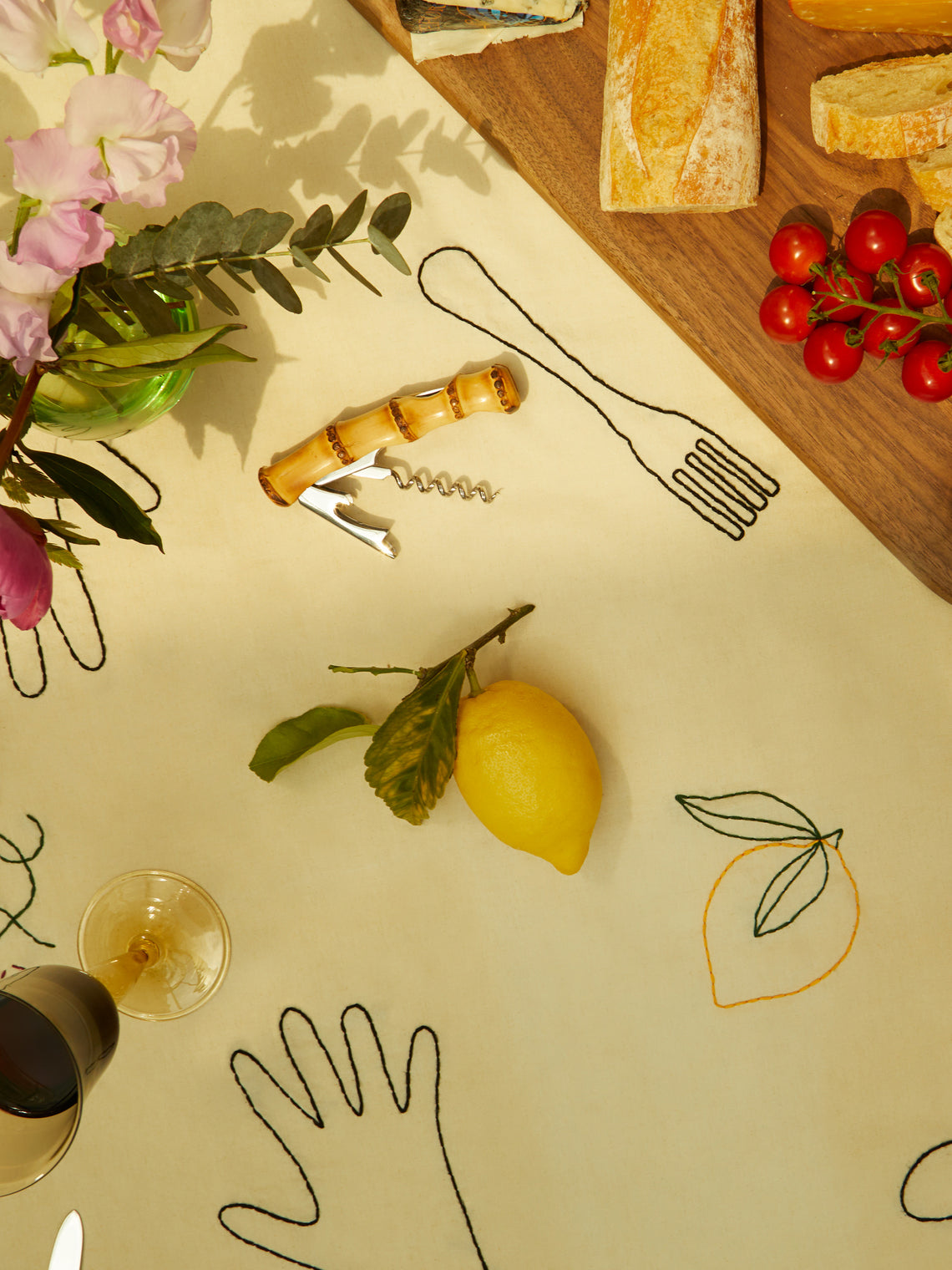 Oeuvres Sensibles - A Lot of Hands Hand-Embroidered Linen Rectangular Tablecloth - Beige - ABASK