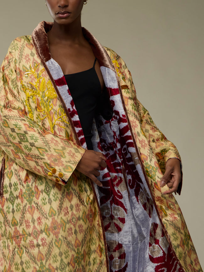 Nazzy Beglari - Hand-Loomed Ikat Silk and Cotton Reversible Robe | One Size - Yellow - ABASK