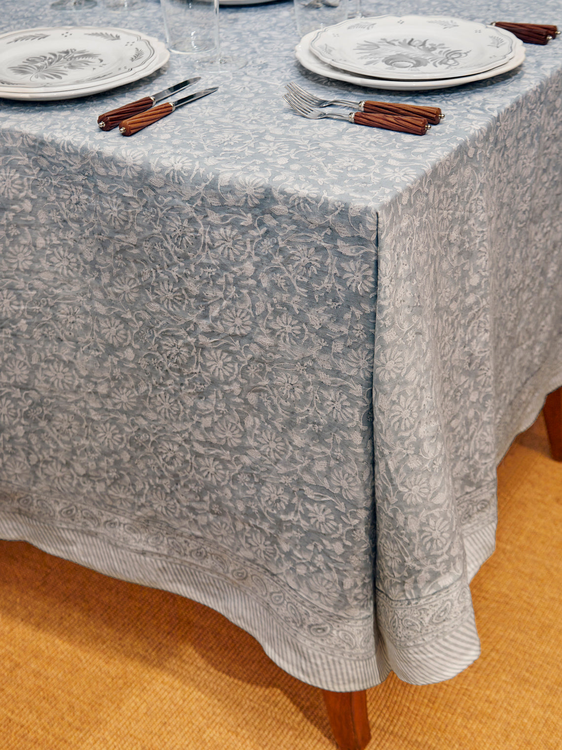 Chamois - Margerita Block-Printed Linen Large Rectangular Tablecloth -  - ABASK