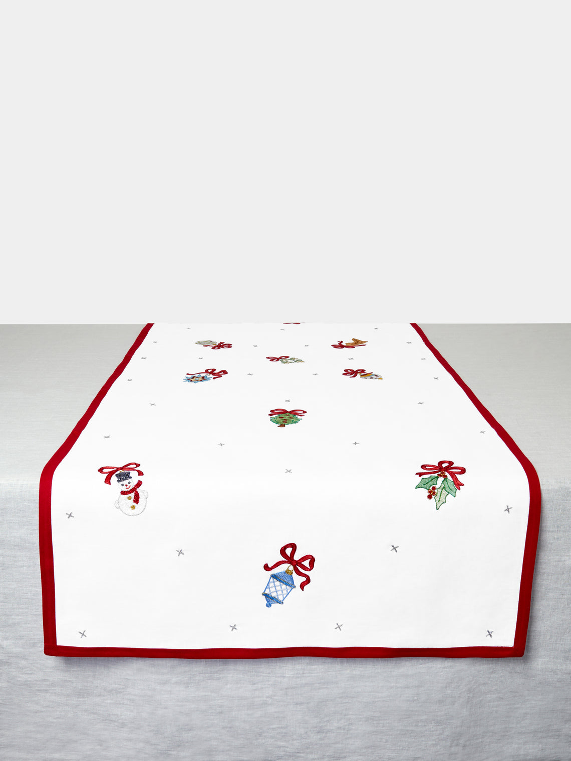 Loretta Caponi - Christmas Hand-Embroidered Linen Table Runner -  - ABASK