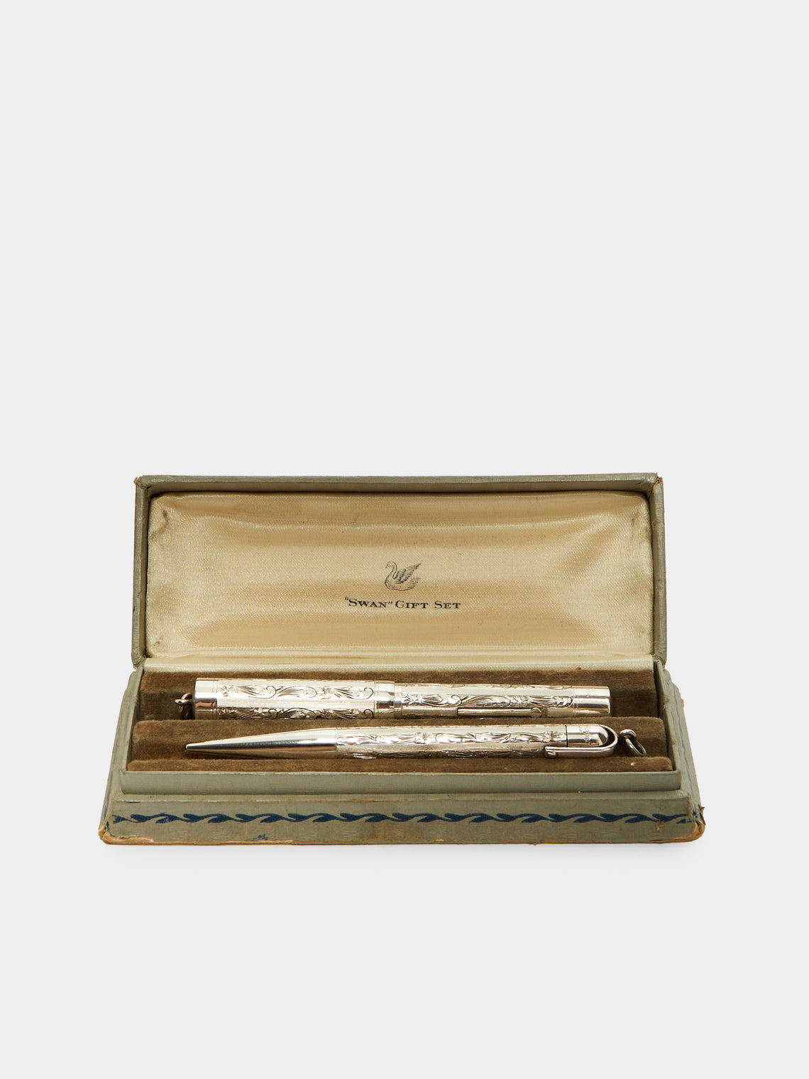 Antique and Vintage - 1925 Swan Mabie Todd Silver Fountain Pen and Propelling Pencil Set - ABASK