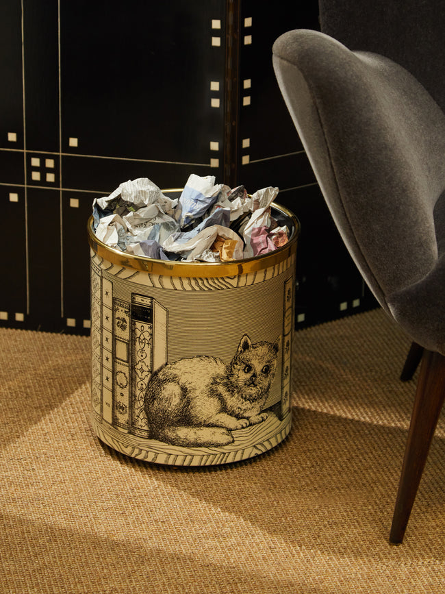 Fornasetti - Gatto con Libri Hand-Painted Waste Paper Basket -  - ABASK