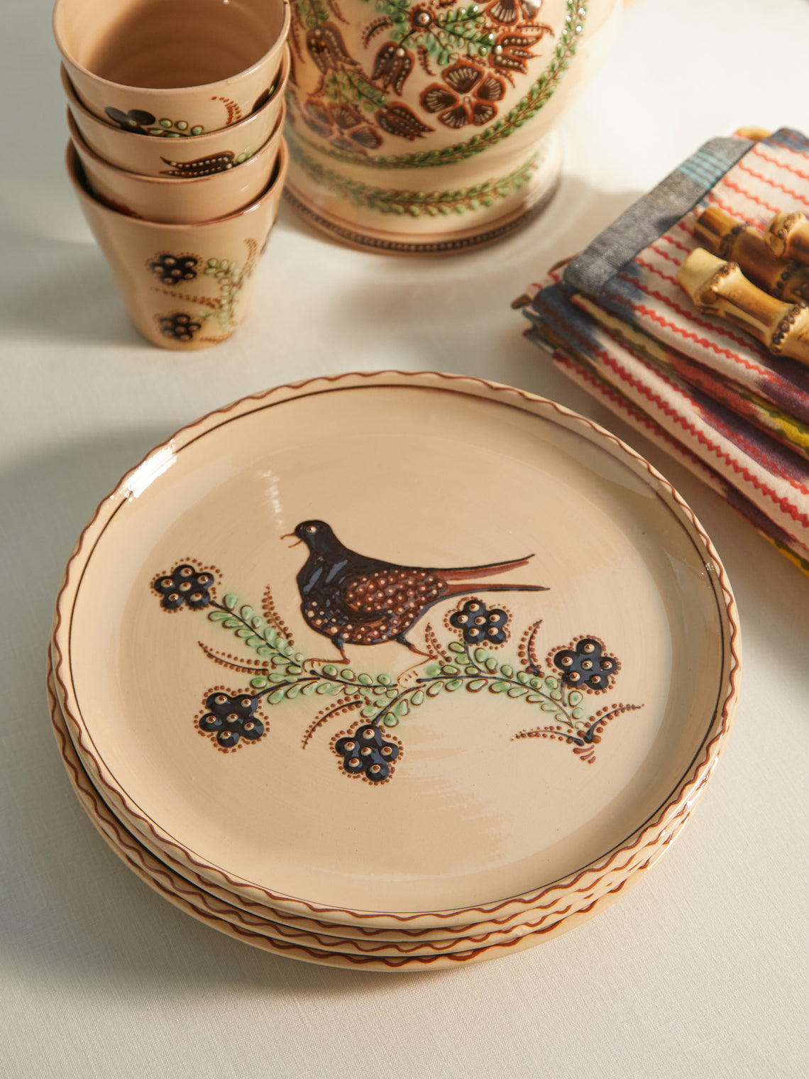 Poterie d’Évires - Birds Hand-Painted Ceramic Dinner Plates (Set of 4) -  - ABASK