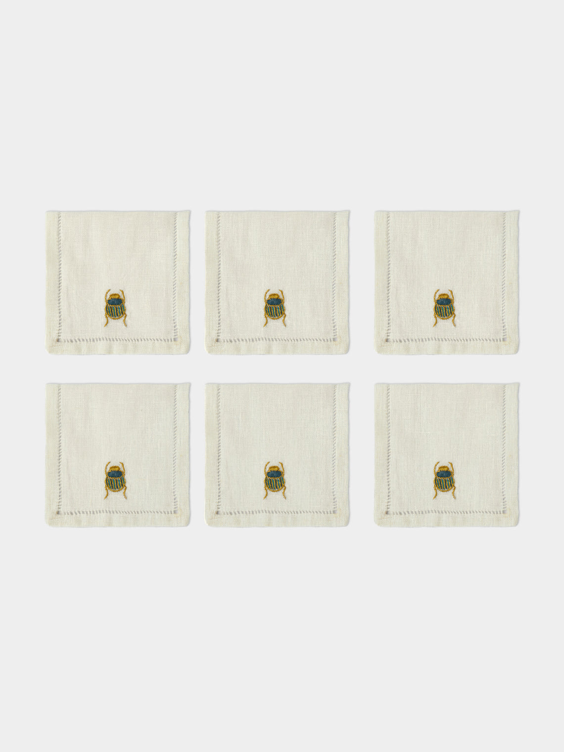 Anut Cairo - Scarab Hand-Embroidered Linen Cocktail Napkins (Set of 6) -  - ABASK