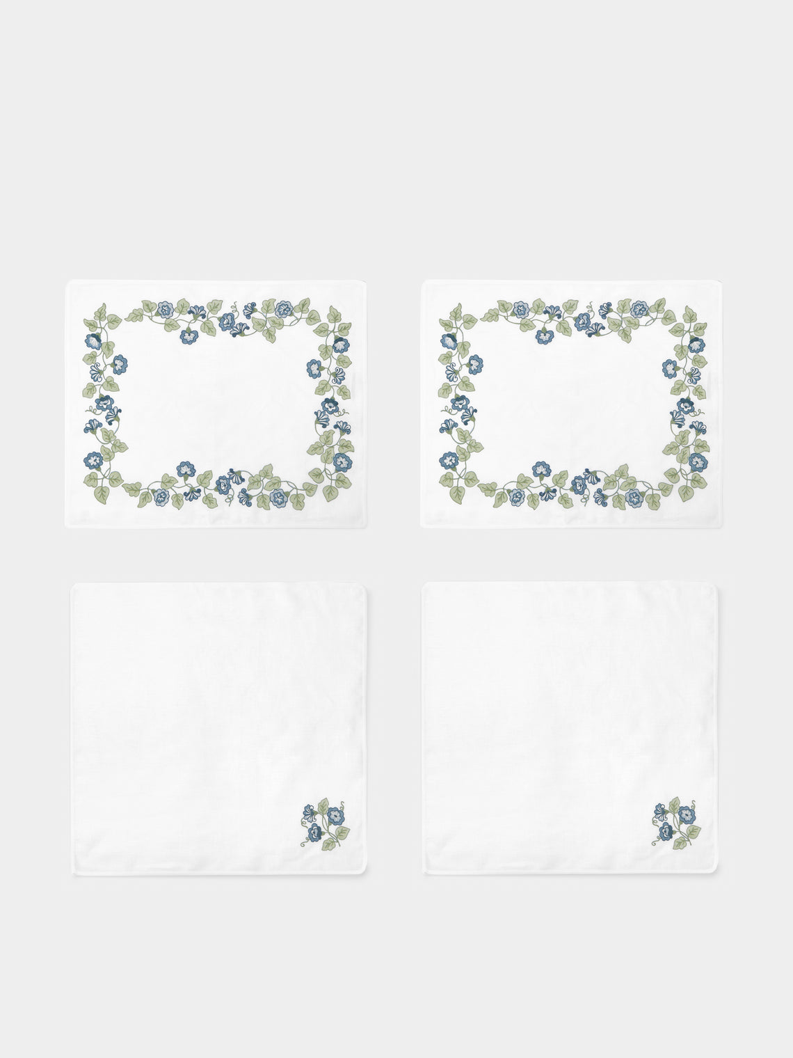 Loretta Caponi - Morning Glory Hand-Embroidered Linen Placemats and Napkins (Set of 2) - White - ABASK - 