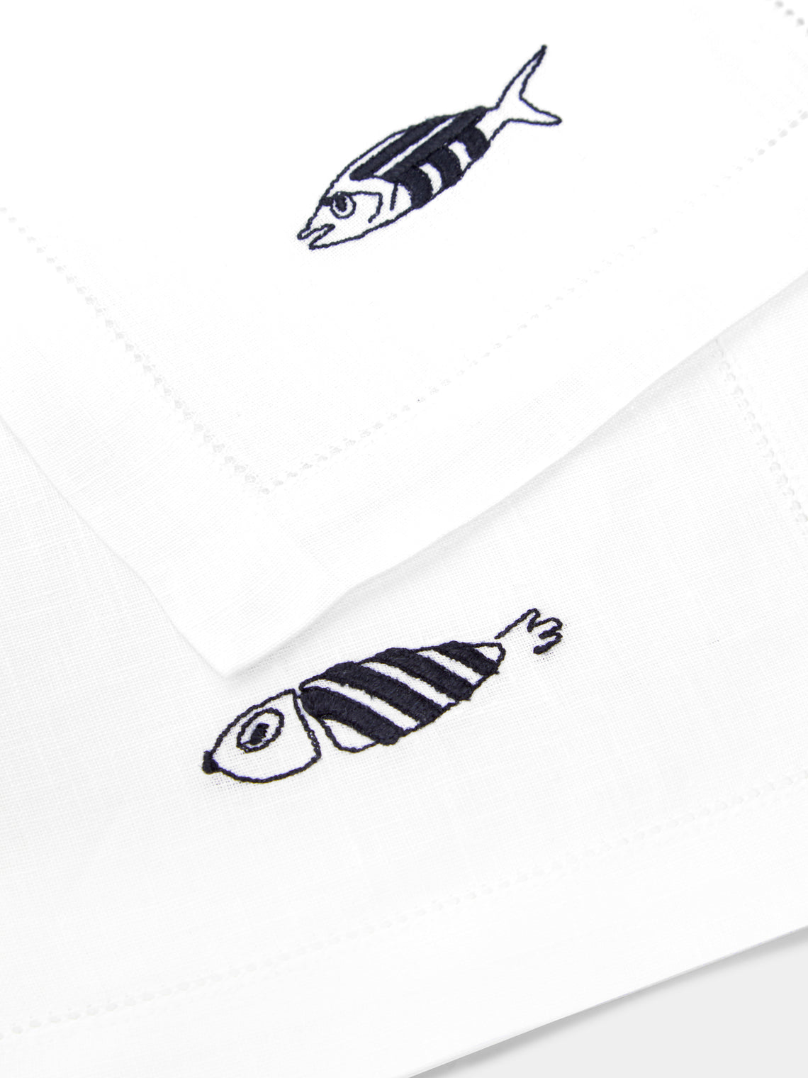 Loretta Caponi - Mendini Fish Hand-Embroidered Linen Cocktail Napkins (Set of 6) - White - ABASK