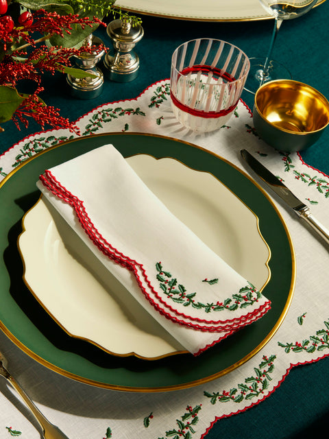 Loretta Caponi - Holly Hand-Embroidered Linen Napkins (Set of 6) -  - ABASK