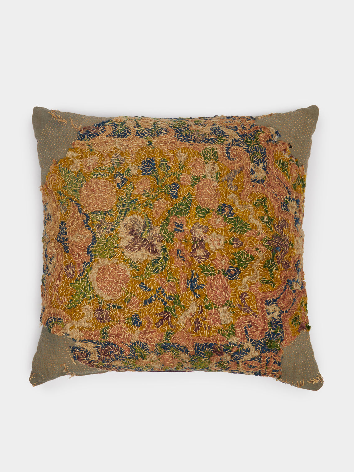 By Walid - 19th-Century French Aubusson Tapestry Linen Cushion - Green - ABASK - 