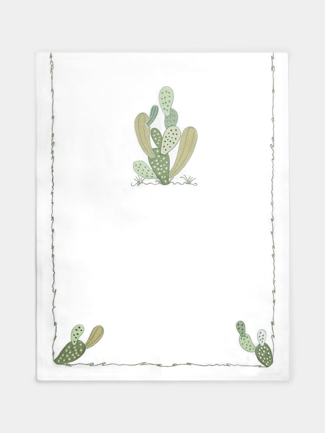 Loretta Caponi - Cactus Hand-Embroidered Linen Table Runner - White - ABASK - 