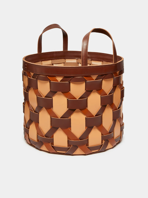 Brown Palu Low Woven Leather Basket by Rabitti 1969