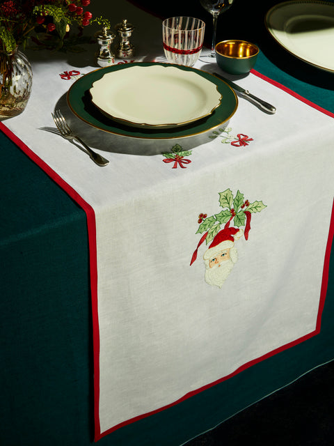 Loretta Caponi - Santa Claus Hand-Embroidered Linen Table Runner -  - ABASK