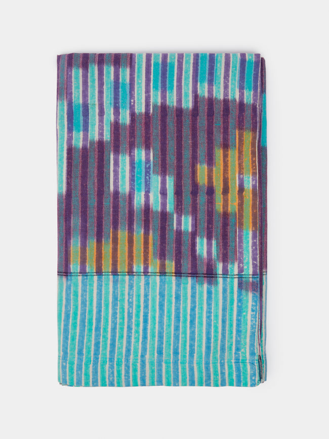 Gregory Parkinson - Midnight Aqua Stripe Block-Printed Cotton Rectangular Tablecloth - Multiple - ABASK - 