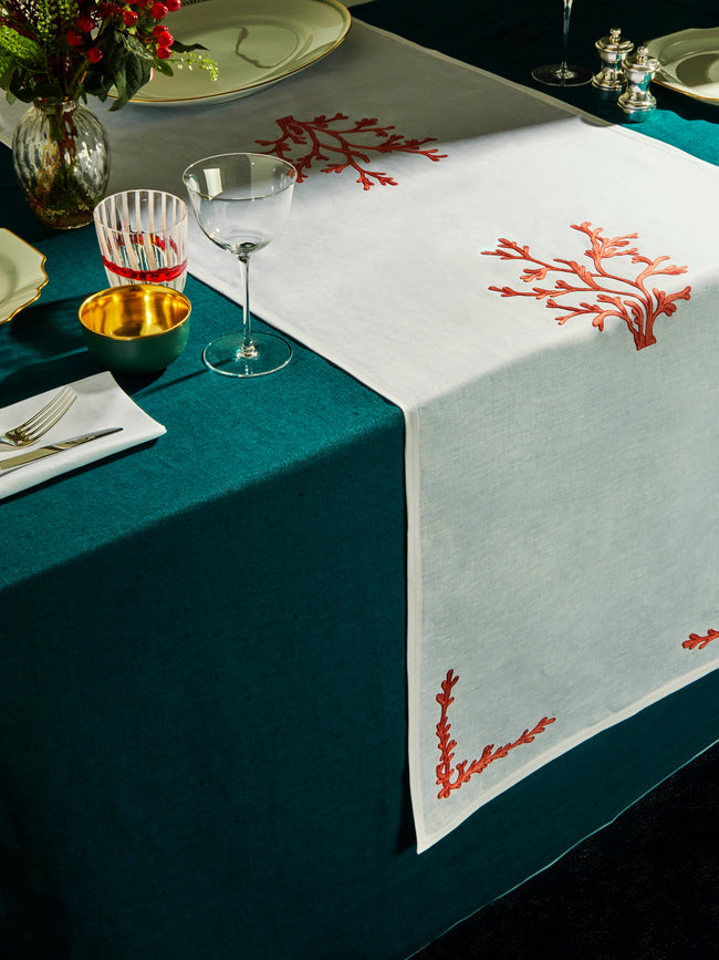 Loretta Caponi - Coral Hand-Embroidered Linen Table Runner -  - ABASK