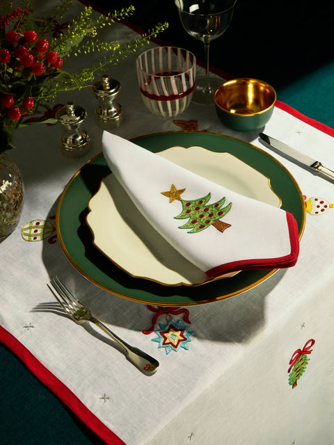 Loretta Caponi - Christmas Hand-Embroidered Linen Napkins (Set of 6) -  - ABASK