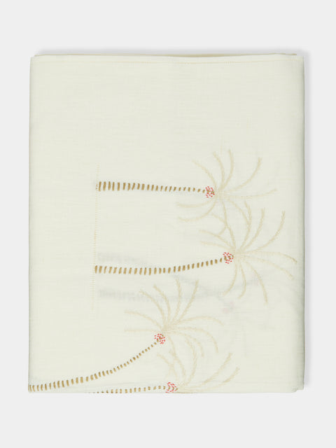 Malaika - Palm Tree Hand-Embroidered Linen Rectangular Tablecloth - Red - ABASK - 