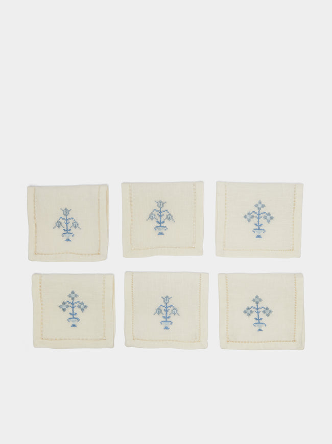 Malaika - Bouquet Hand-Embroidered Linen Cocktail Napkins (Set of 6) -  - ABASK