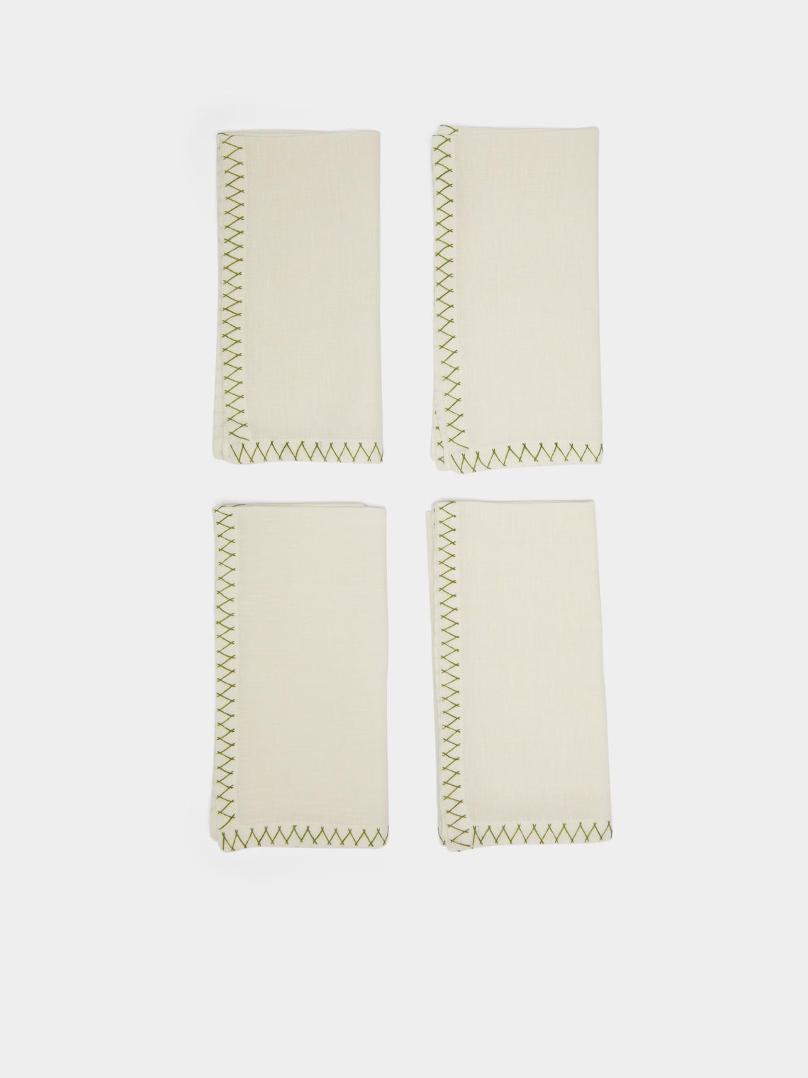 Malaika - Zig Zag Embroidered Linen Napkins (Set of 4) - Cream - ABASK