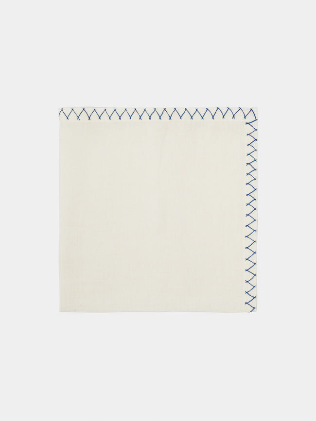 Malaika - Zigzag Hand-Embroidered Linen Napkins (Set of 4) - Blue - ABASK - 