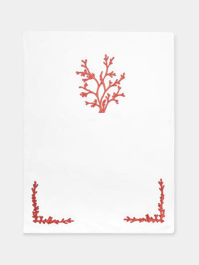 Loretta Caponi - Coral Hand-Embroidered Linen Table Runner -  - ABASK - 