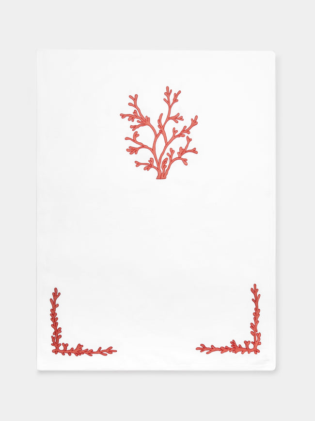 Loretta Caponi - Coral Hand-Embroidered Linen Table Runner -  - ABASK - 