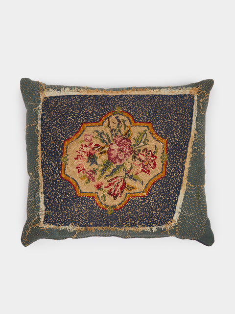 By Walid - 19th-Century Needlepoint Linen Cushion - Blue - ABASK - 