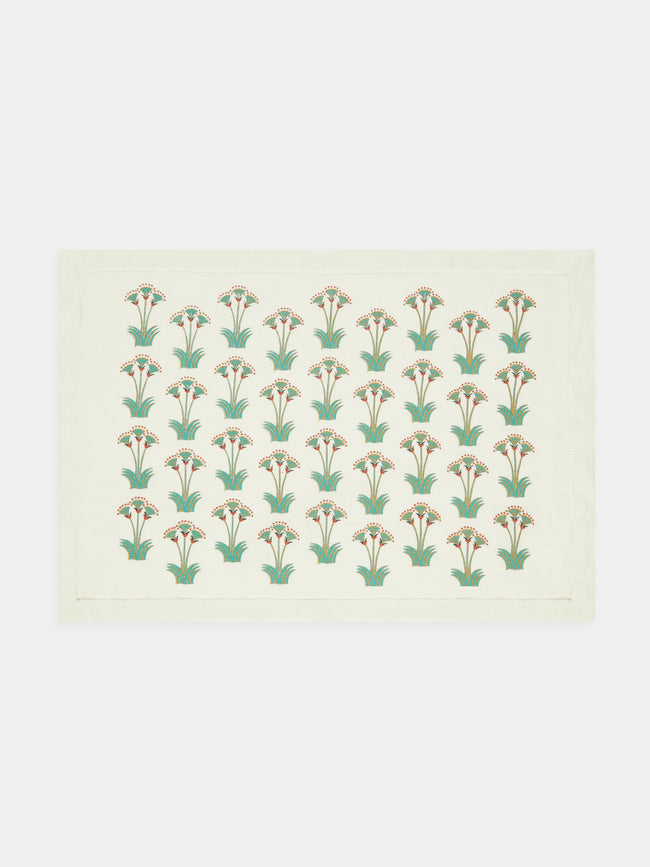 Malaika - Nile Lotus Hand-Printed Linen Placemats (Set of 4) - Green - ABASK - 