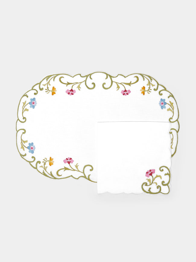 Taf Firenze - Rose Hand-Embroidered Linen Placemats and Napkins (Set of 6) -  - ABASK - 