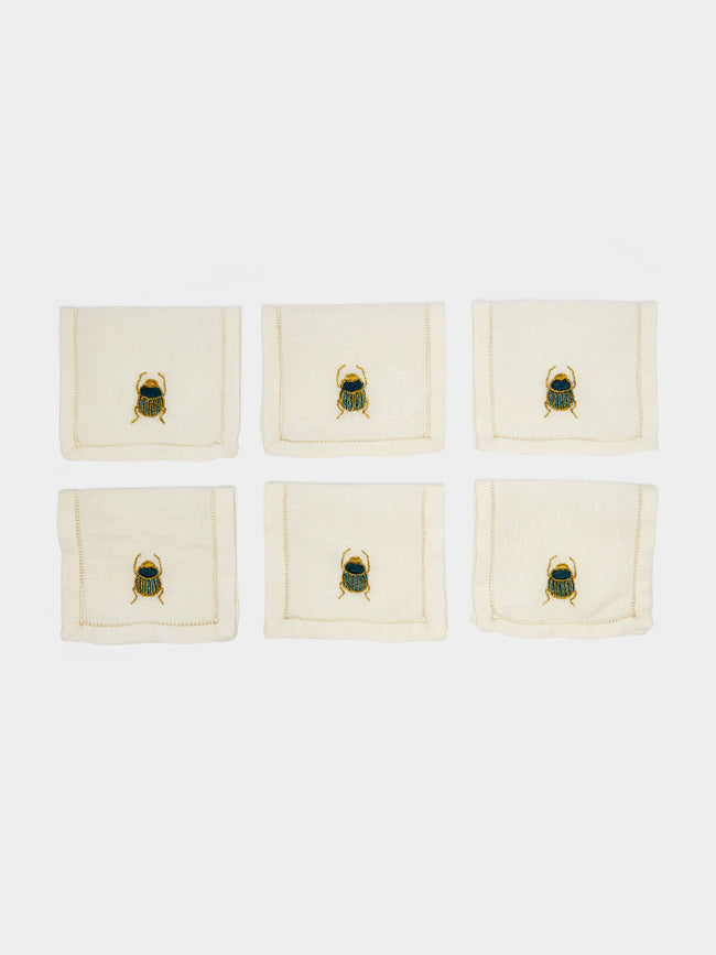 Malaika - Scarab Hand-Embroidered Linen Cocktail Napkins (Set of 6) -  - ABASK