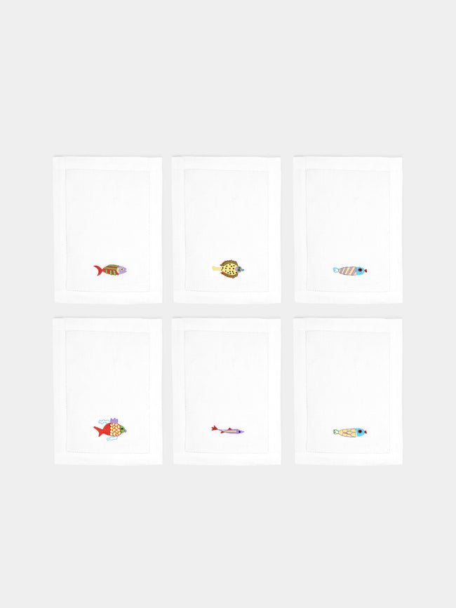 Loretta Caponi - Mendini Fish Hand-Embroidered Linen Cocktail Napkins (Set of 6) -  - ABASK