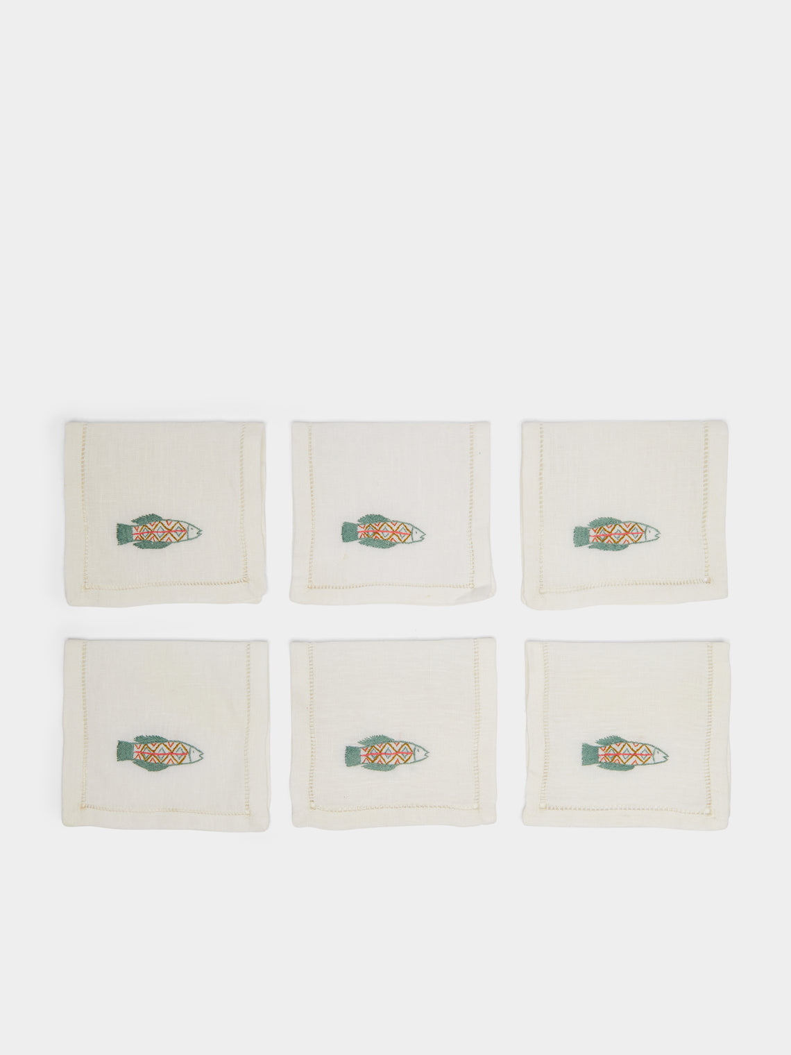 Malaika - Tilipa Hand-Embroidered Linen Cocktail Napkins (Set of 6) - White - ABASK
